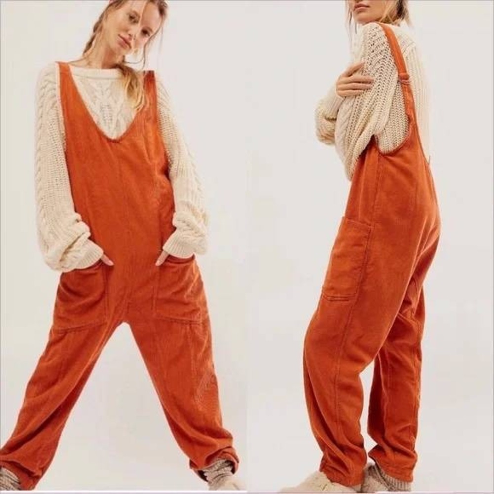 We The Free Overalls Womens Large Rust Corduroy V-Neck Wide Leg Boho OB1830461